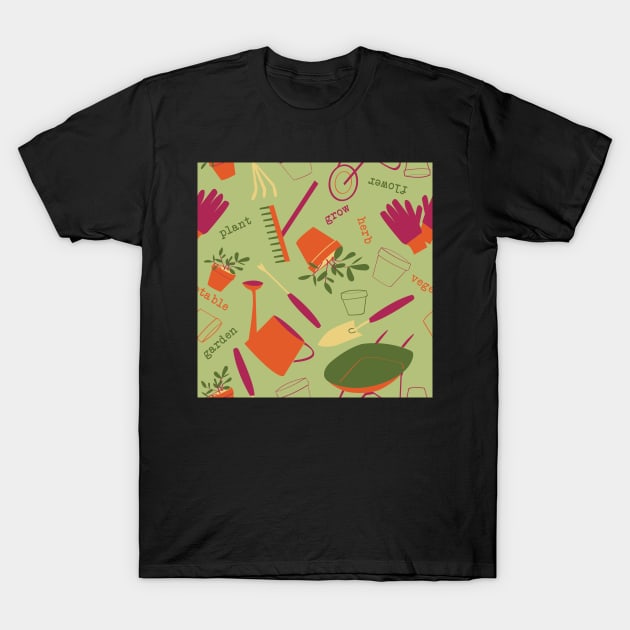 A Day in the Garden - gardening Gardener Pattern Green Orange T-Shirt by whyitsme